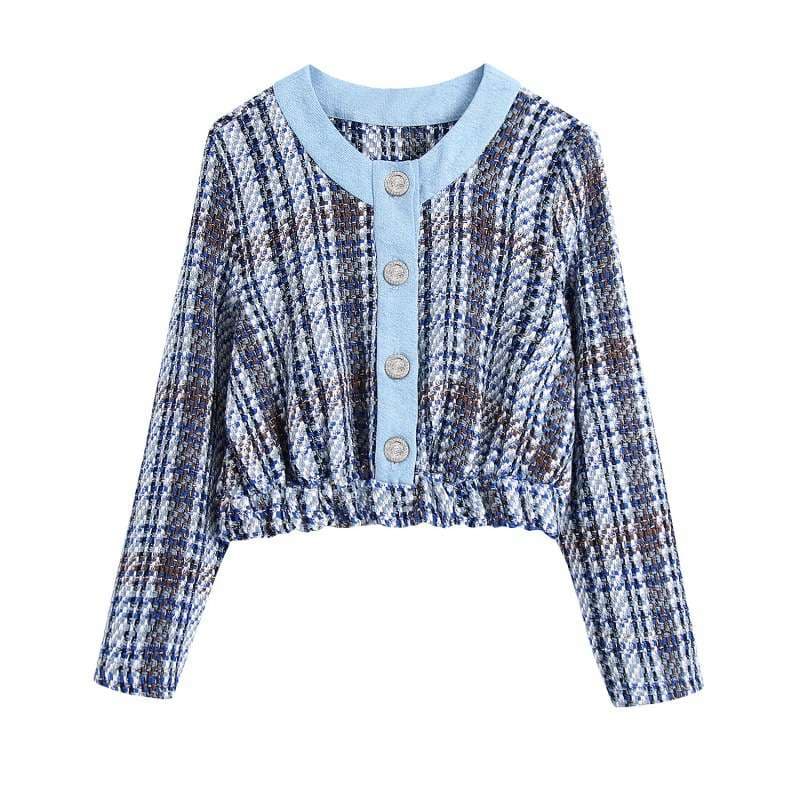 セットアップ レディース ツイード ブルーチェック ノーカラージャケット&ショートパンツ