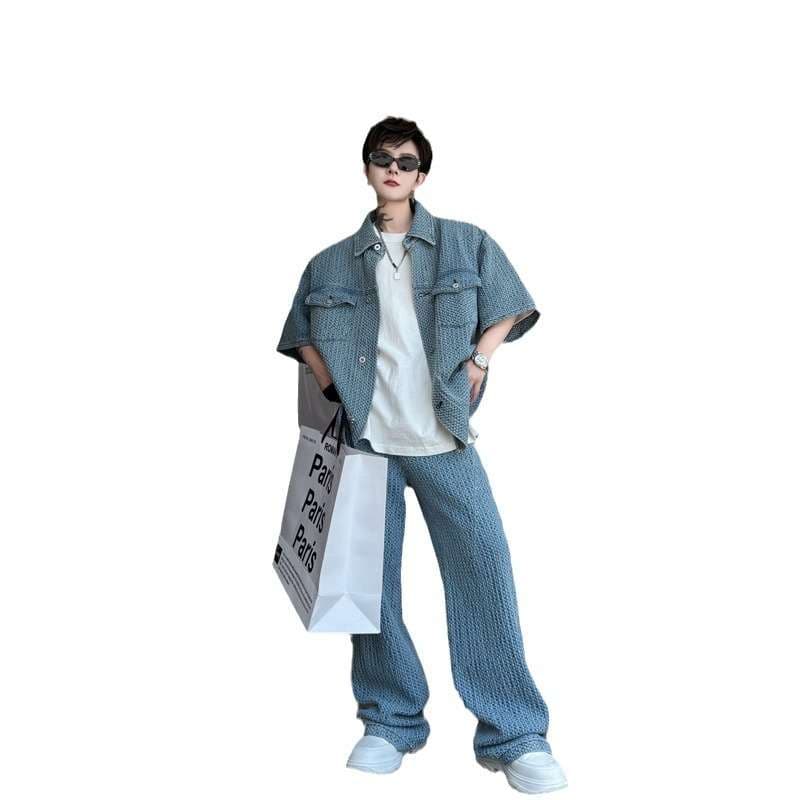 セットアップ メンズ ツイード ショートスリーブジャケット&ワイドパンツ