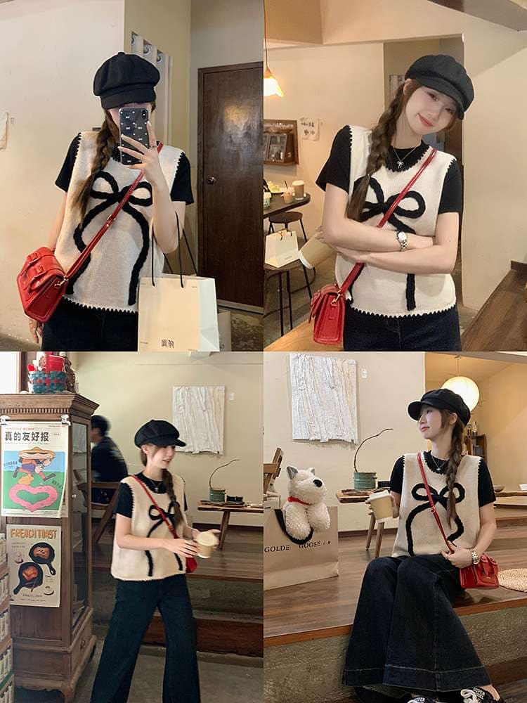 セットアップ リボン柄ニットベスト