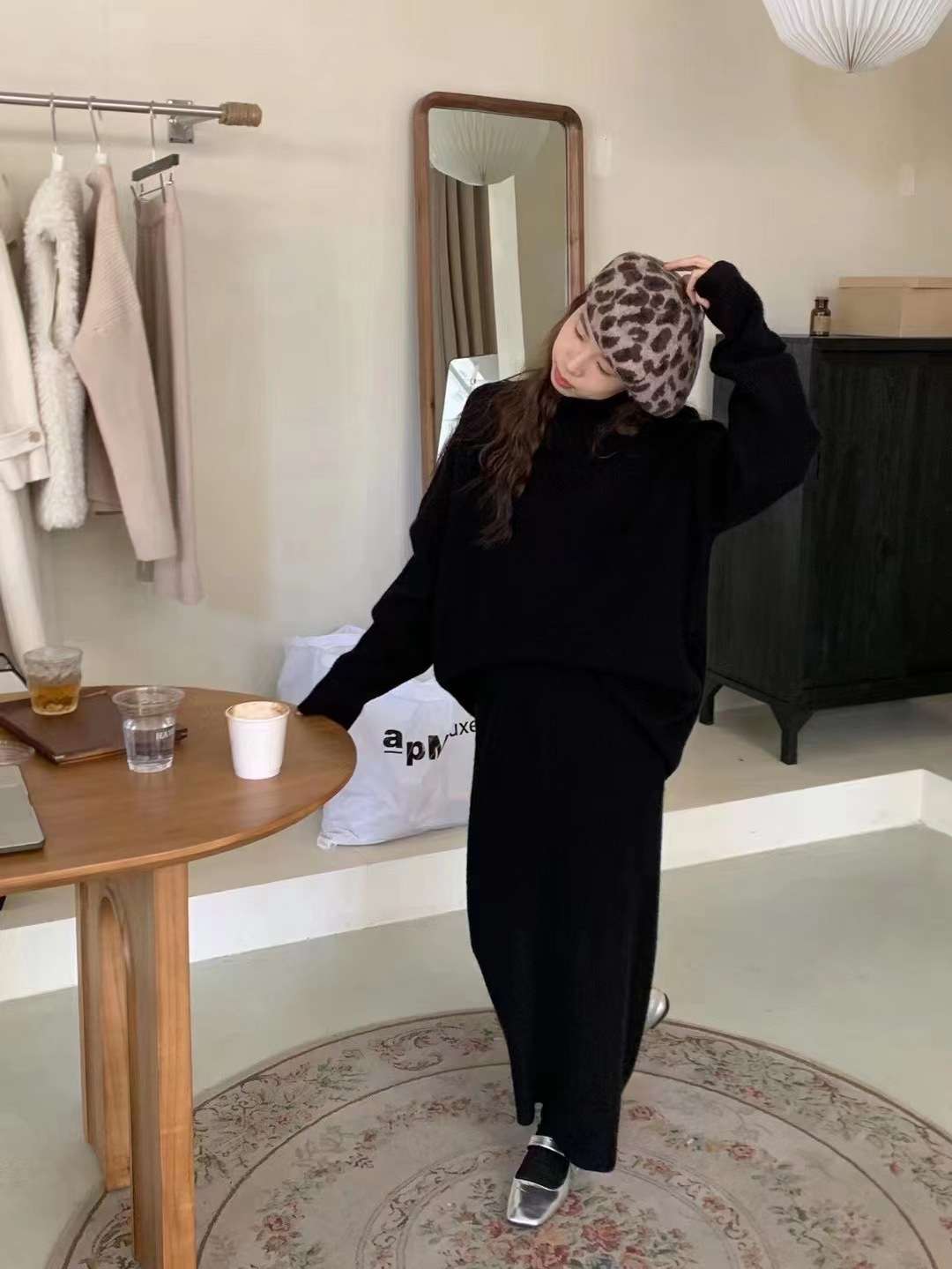 セットアップ レディース リブ編みロングニットアップ