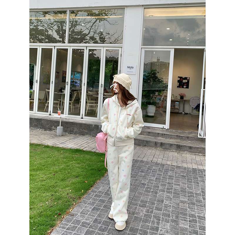 セットアップ 花柄刺繍ジップアップパーカー