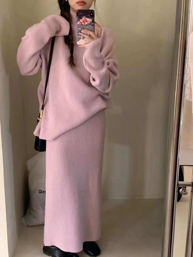 セットアップ レディース リブ編みロングニットアップ