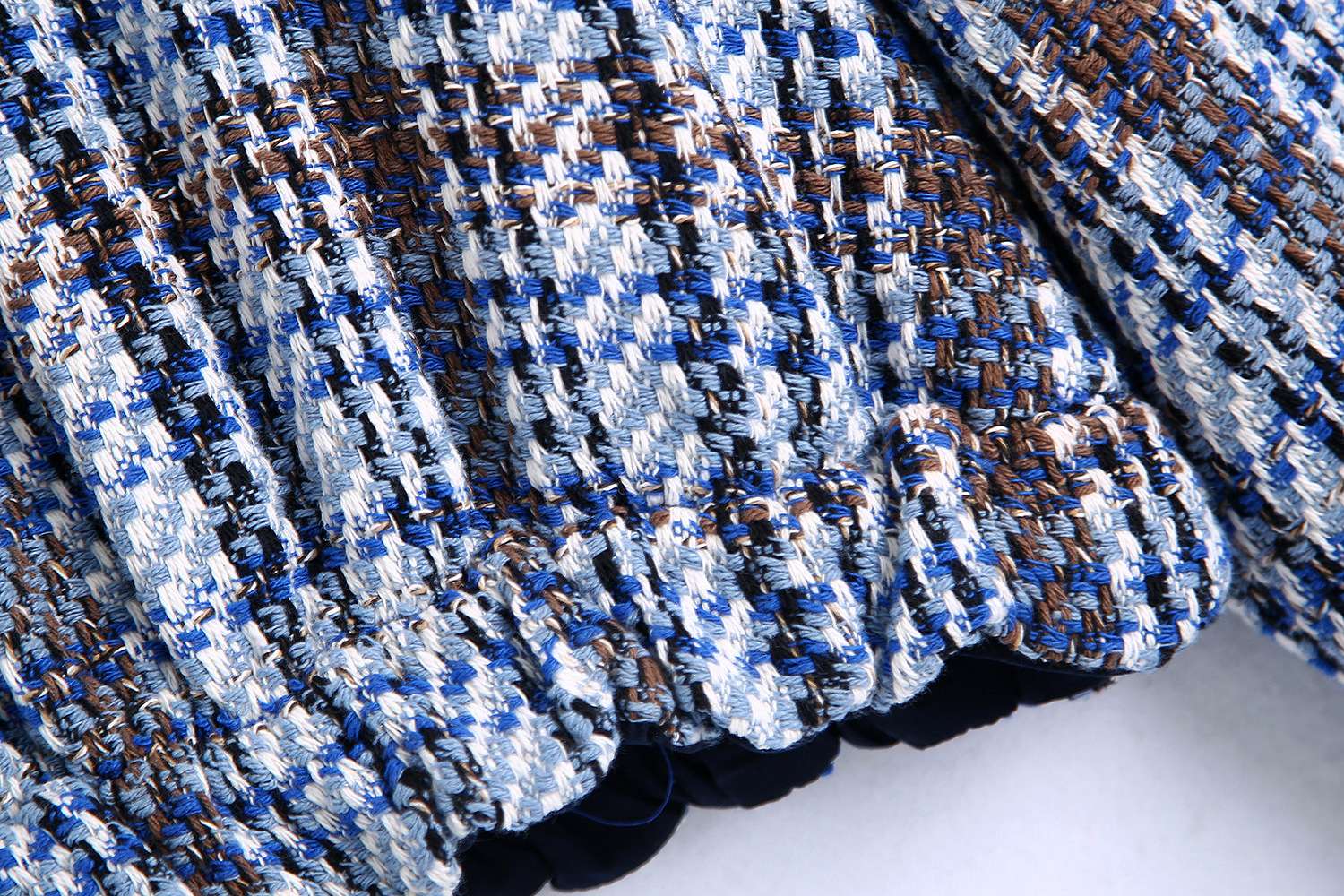 セットアップ レディース ツイード ブルーチェック ノーカラージャケット&ショートパンツ