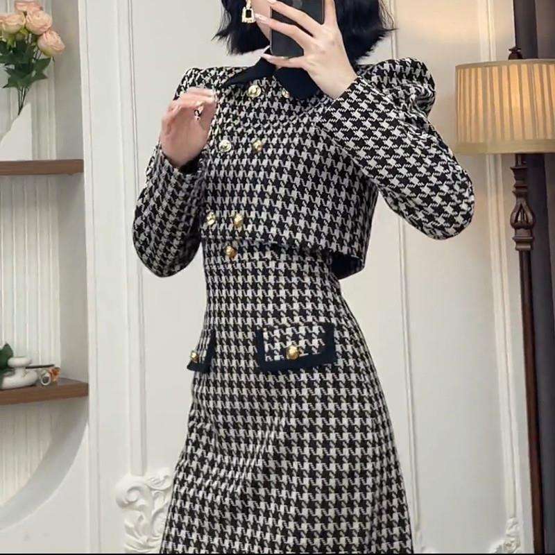 セットアップ レディース ツイード ハウンドトゥース柄ツイードジャケット&ワンピース