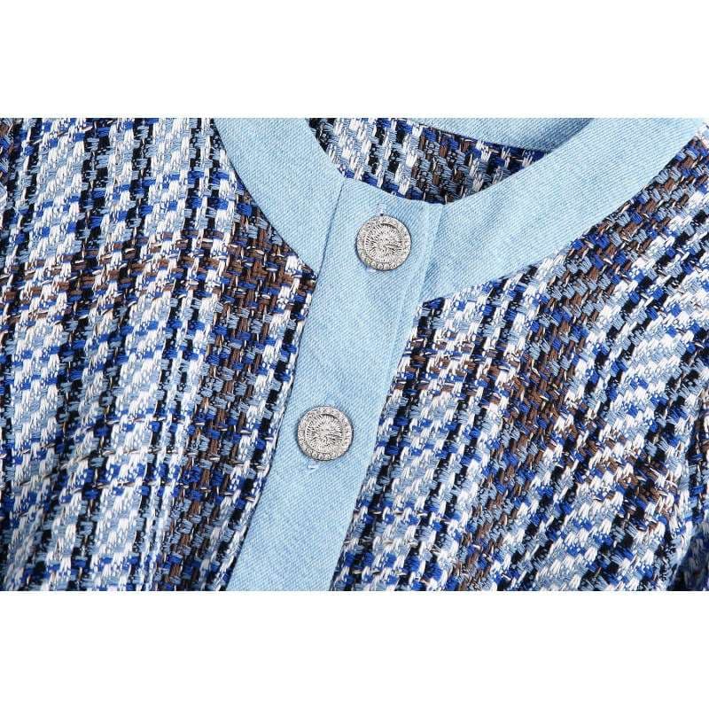 セットアップ レディース ツイード ブルーチェック ノーカラージャケット&ショートパンツ