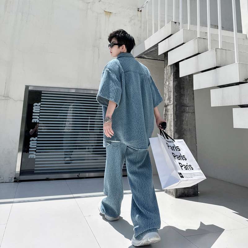 セットアップ メンズ ツイード ショートスリーブジャケット&ワイドパンツ