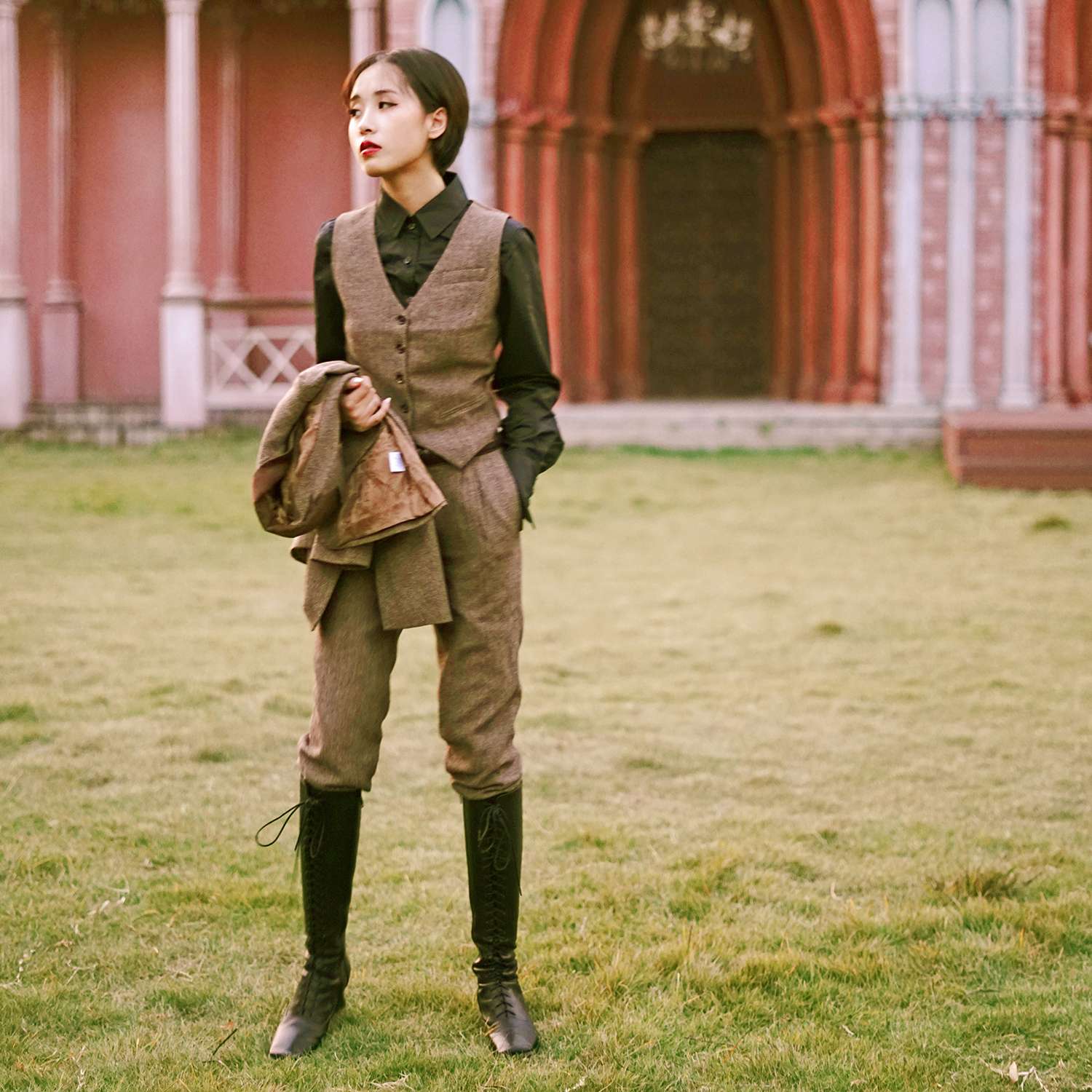 セットアップ レディース ヘリンボーン柄ツイードベスト&パンツセット