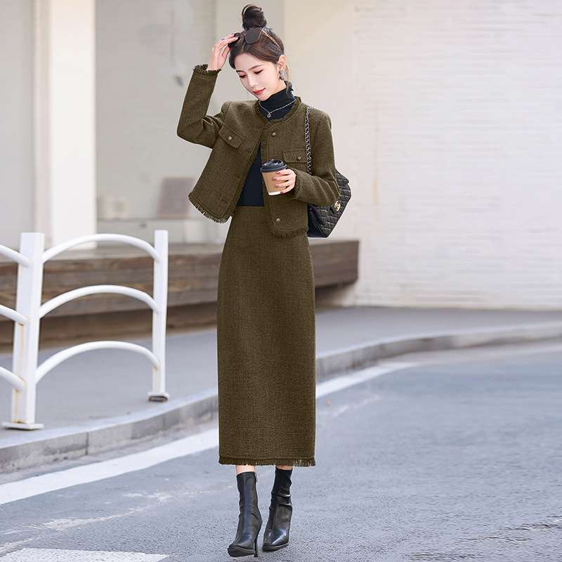 セットアップ レディース ツイード ノーカラージャケット&ロングスカートセット