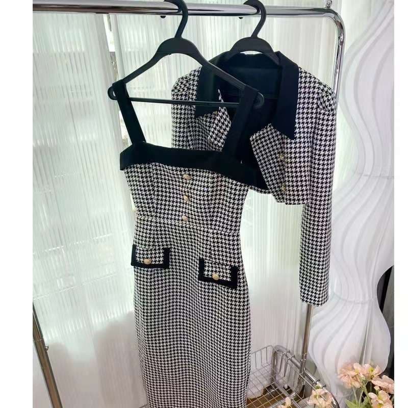 セットアップ レディース ツイード ハウンドトゥース柄ツイードジャケット&ワンピース