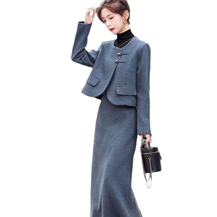 セットアップ エレガントグレーツイードジャケット＆ロングスカートセット