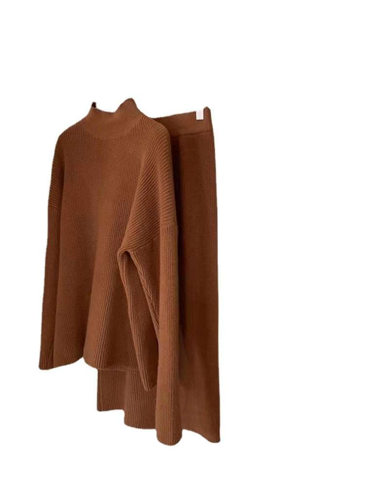 セットアップ レディース リブ編みロングニットアップ