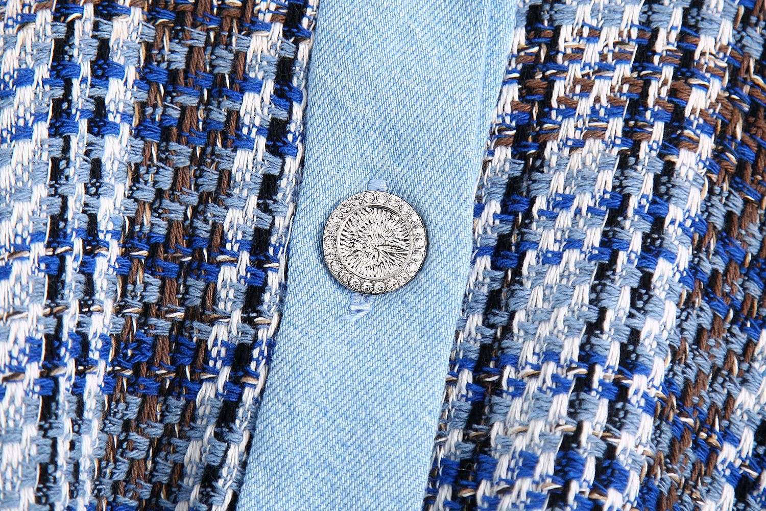 セットアップ レディース ツイード ブルーチェック ノーカラージャケット&ショートパンツ