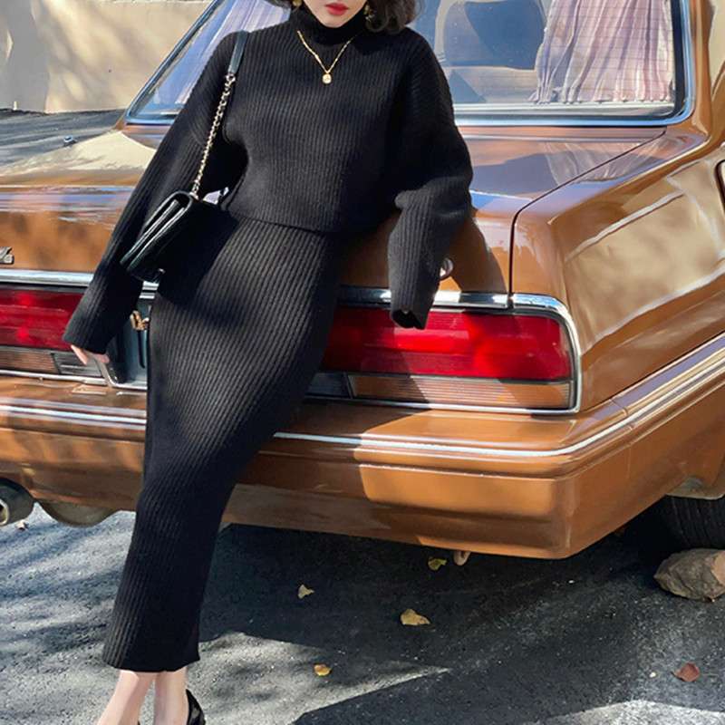 セットアップ レディース リブ編みタートルネックニットアップ