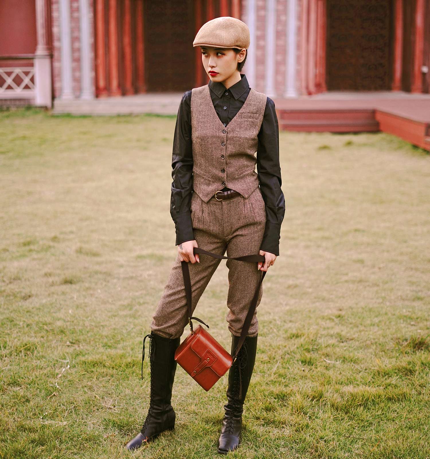 セットアップ レディース ヘリンボーン柄ツイードベスト&パンツセット