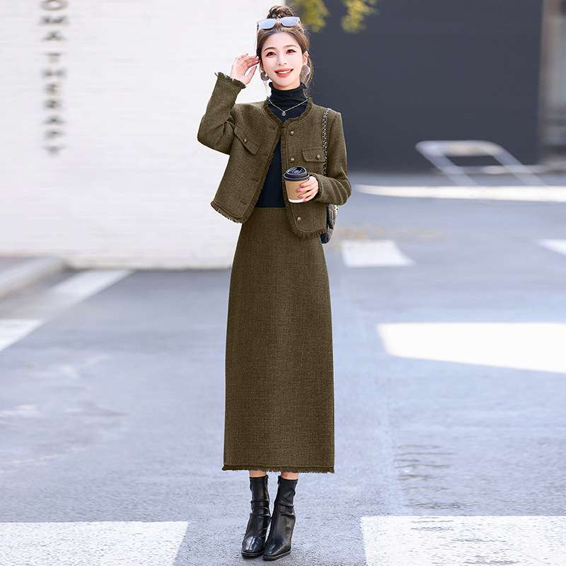 セットアップ レディース ツイード ノーカラージャケット&ロングスカートセット