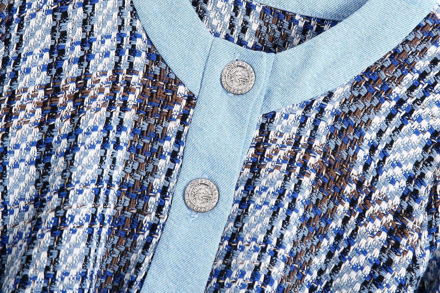 セットアップ レディース ツイード ブルーチェック ノーカラージャケット&ショートパンツ