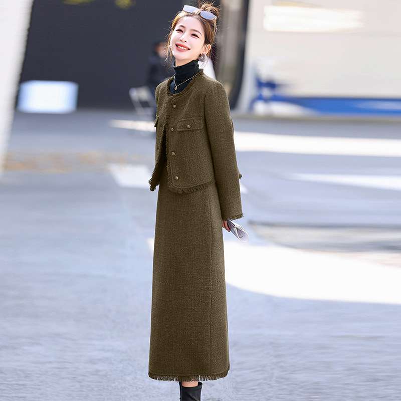 セットアップ レディース ツイード ノーカラージャケット&ロングスカートセット