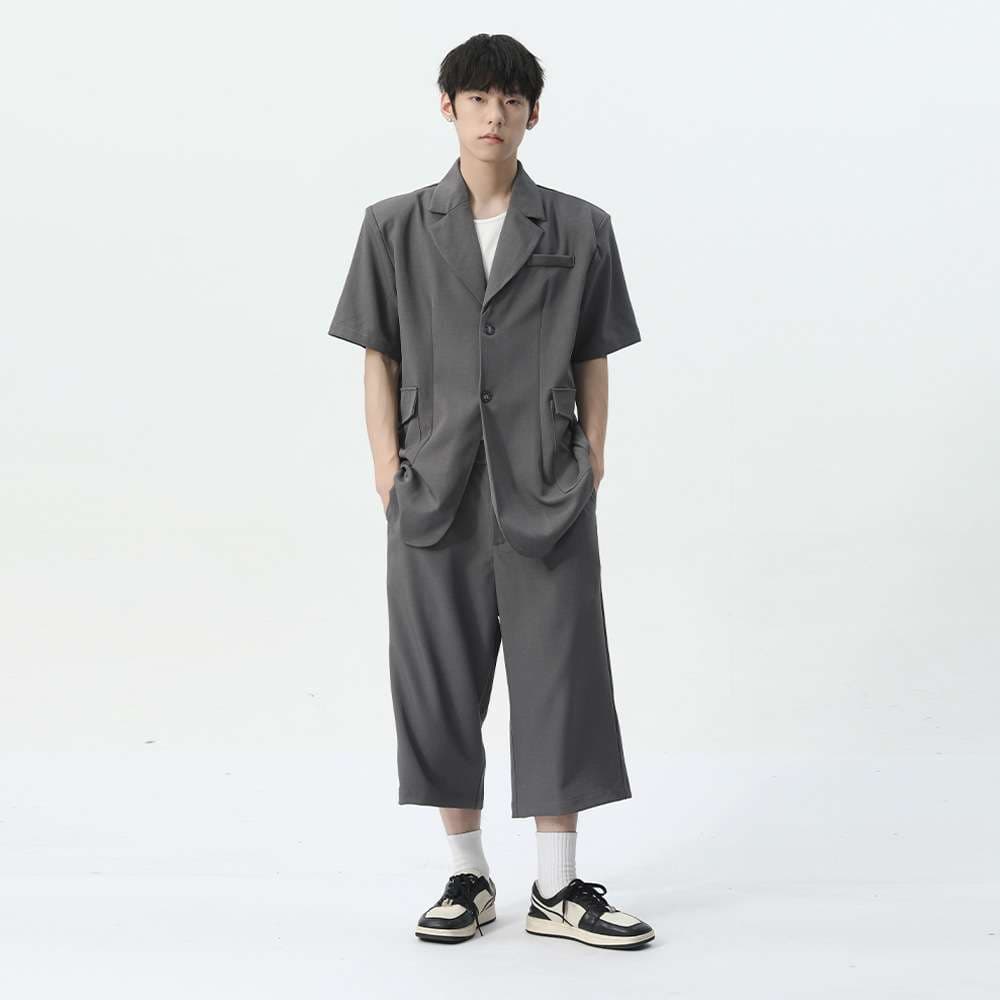 セットアップ メンズ スーツ オーバーサイズショートスリーブジャケット&クロップドパンツ