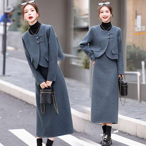 セットアップ エレガントグレーツイードジャケット＆ロングスカートセット