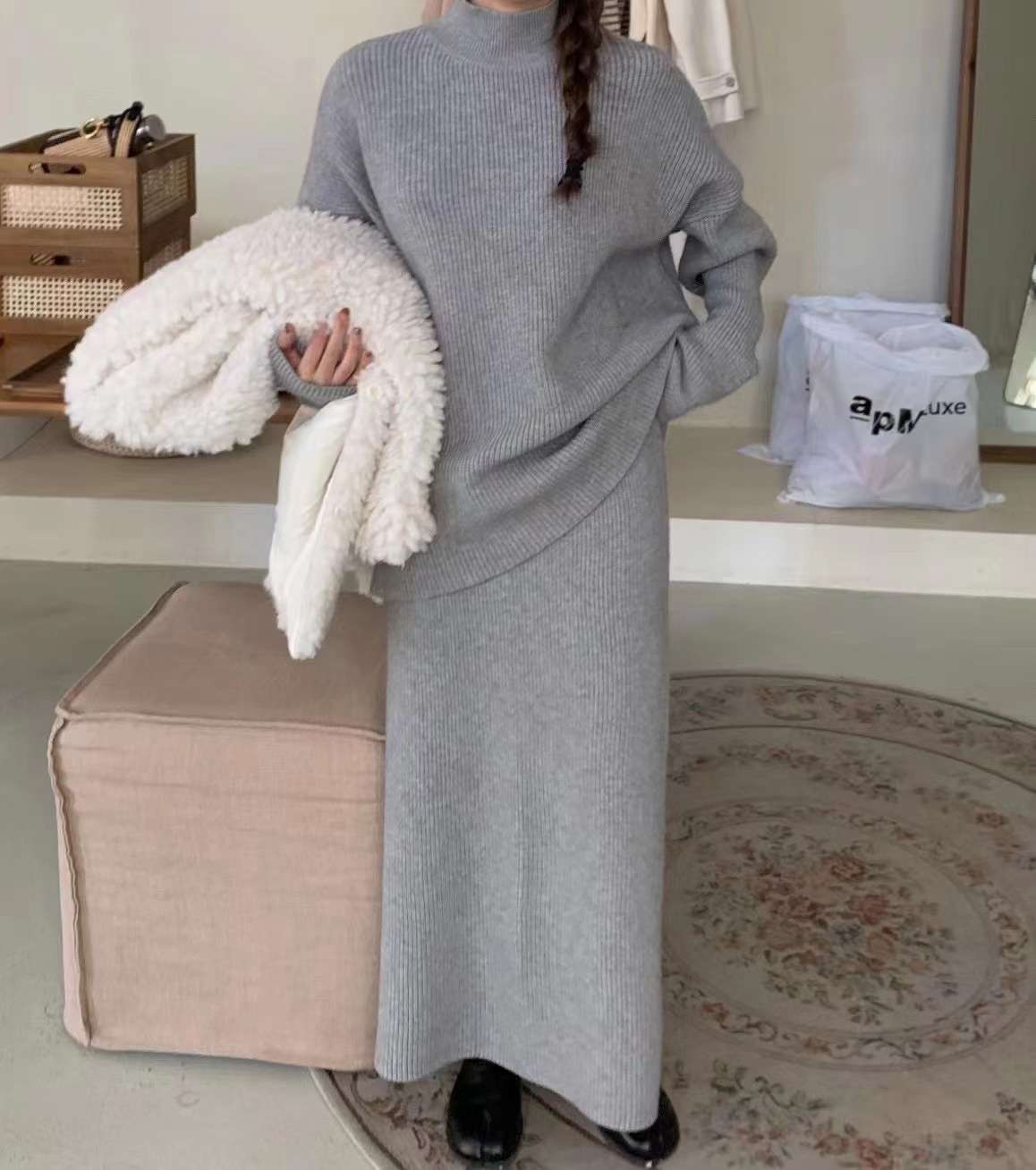 セットアップ レディース リブ編みロングニットアップ