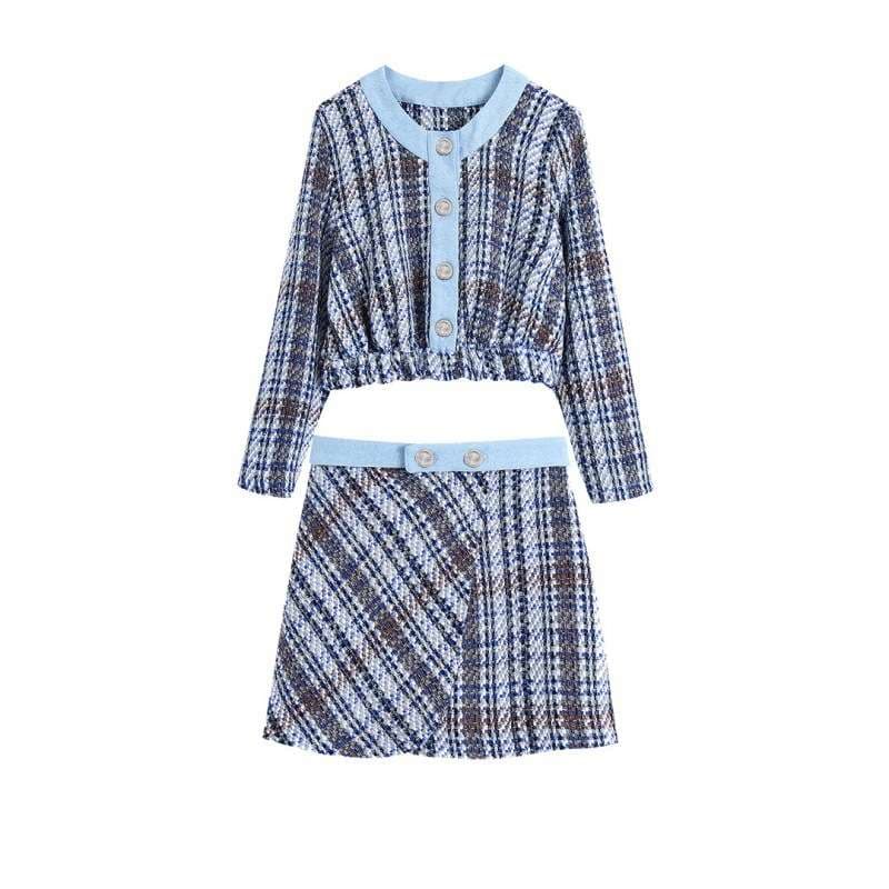 セットアップ レディース ツイード ブルーチェック ノーカラージャケット&ショートパンツ
