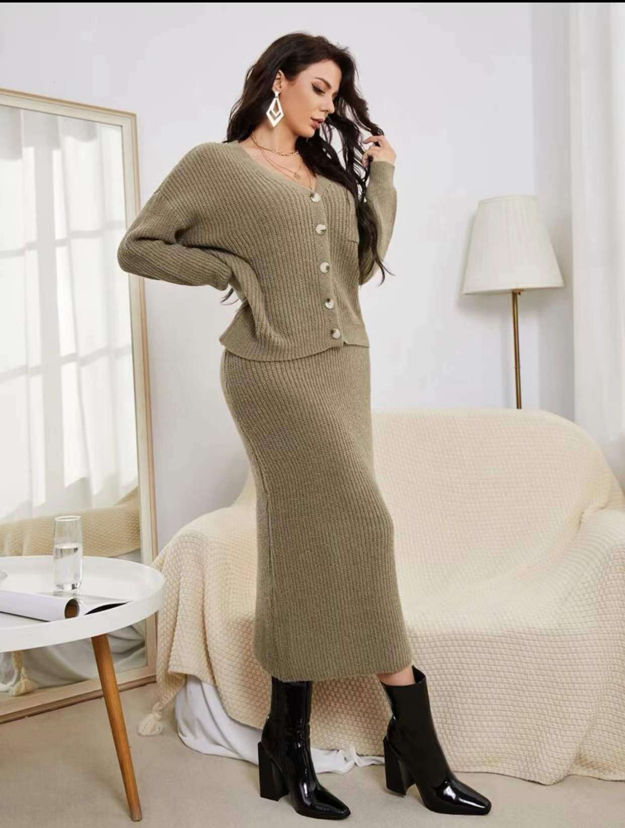 セットアップ レディース リブニットカーディガン&ロングスカート ニットアップ