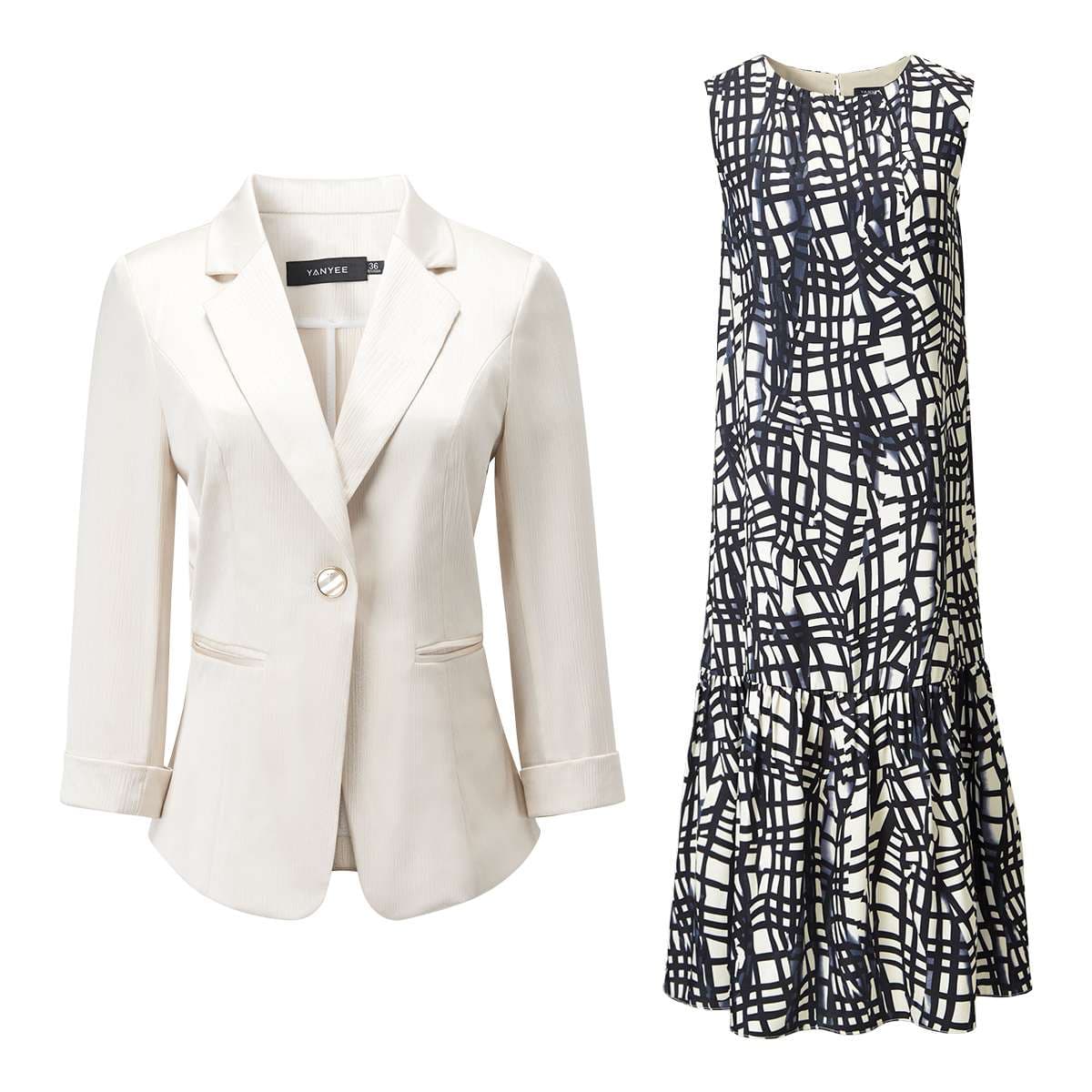 セットアップ モダン柄ワンピースと上品ジャケットセット