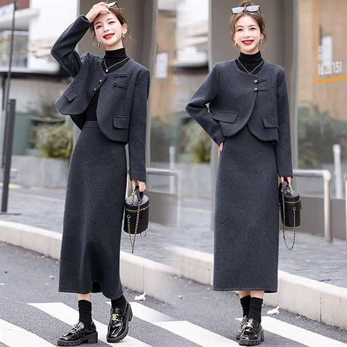 セットアップ エレガントグレーツイードジャケット＆ロングスカートセット