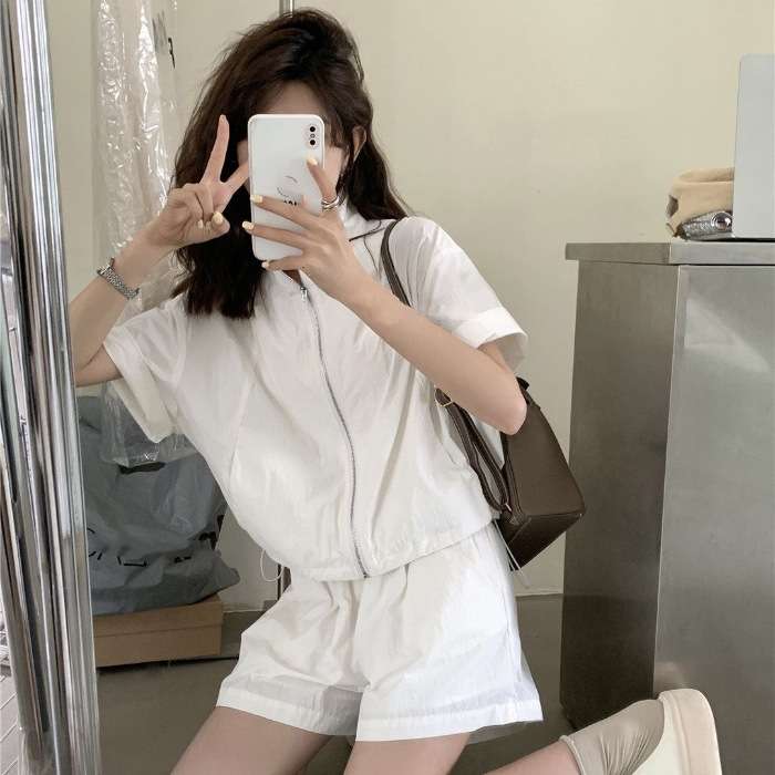 セットアップ シンプルストリート ジップアップ 半袖ハーフパンツ ジャージ