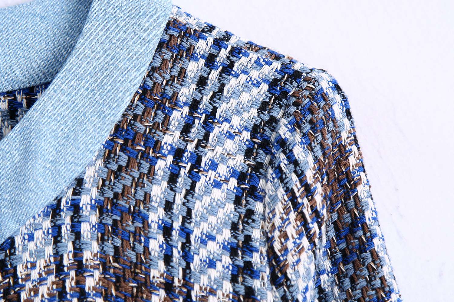 セットアップ レディース ツイード ブルーチェック ノーカラージャケット&ショートパンツ