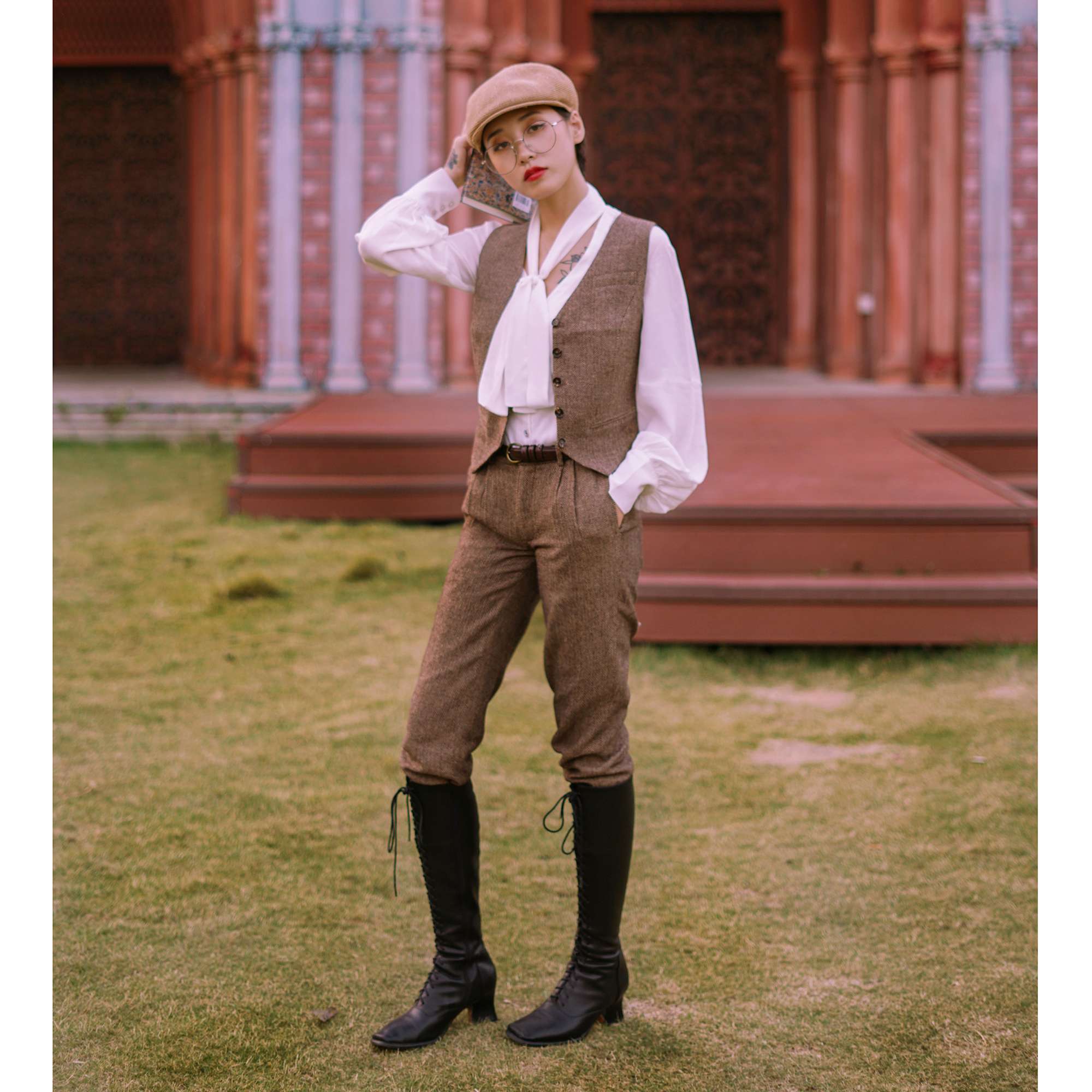 セットアップ レディース ヘリンボーン柄ツイードベスト&パンツセット