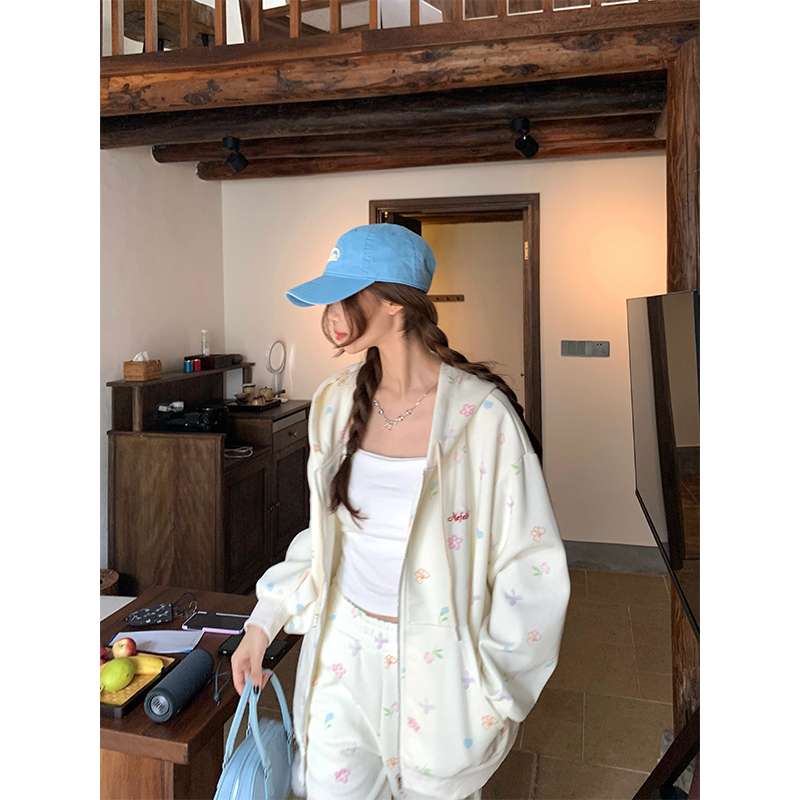 セットアップ 花柄刺繍ジップアップパーカー