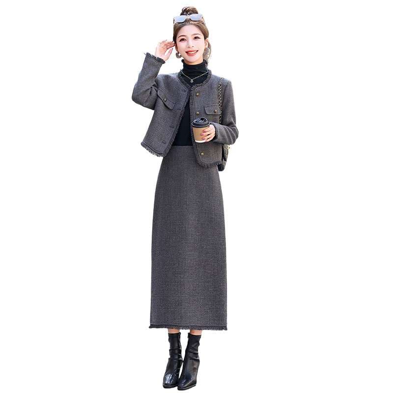 セットアップ レディース ツイード ノーカラージャケット&ロングスカートセット