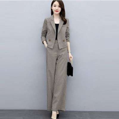 セットアップ レディース スーツ オフィスカジュアルチェック柄ジャケット&ワイドパンツ