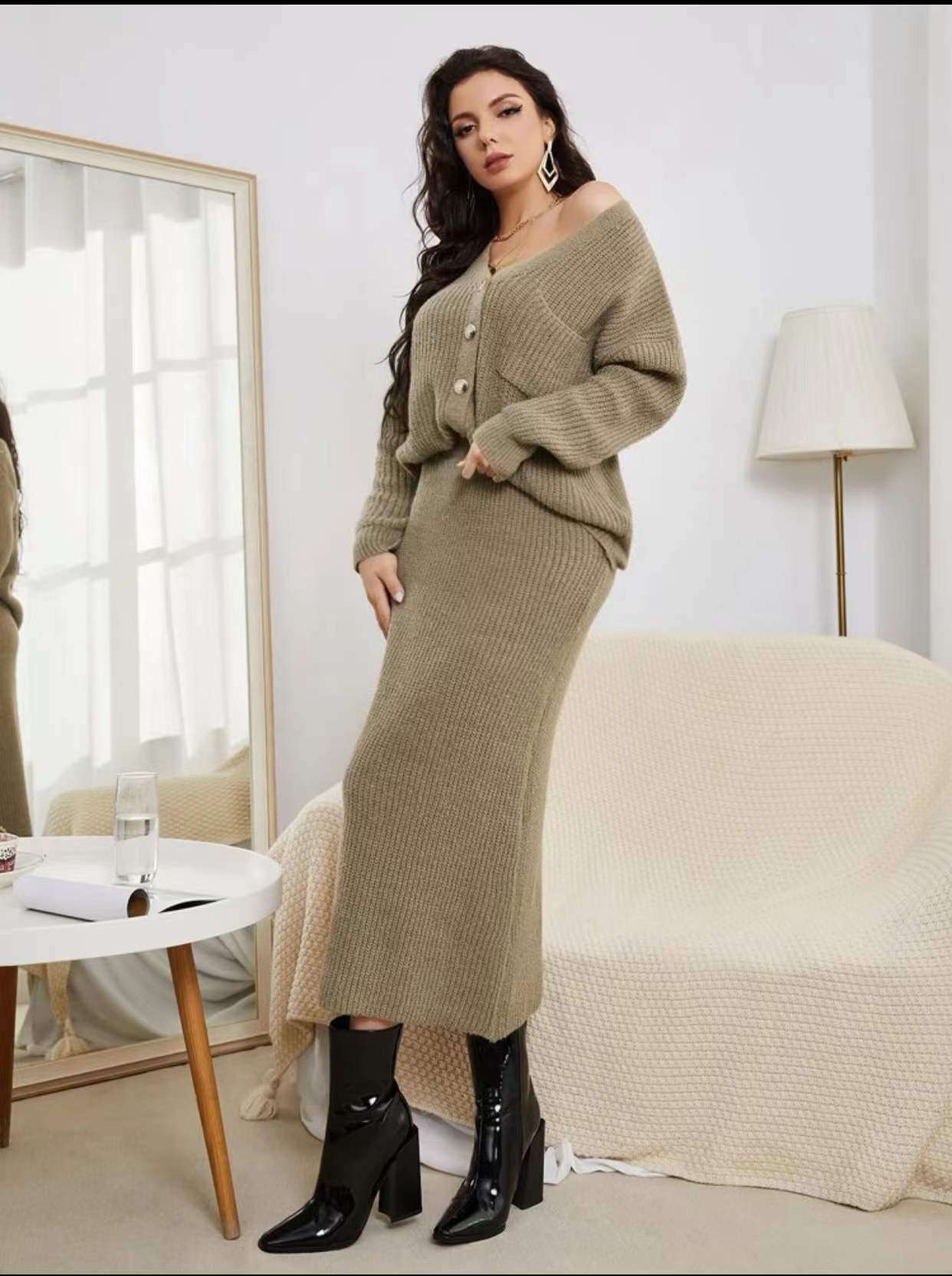 セットアップ レディース リブニットカーディガン&ロングスカート ニットアップ