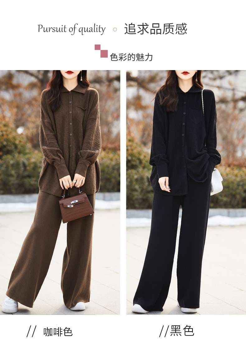 セットアップ ゆったりニットシャツ&ワイドパンツセット