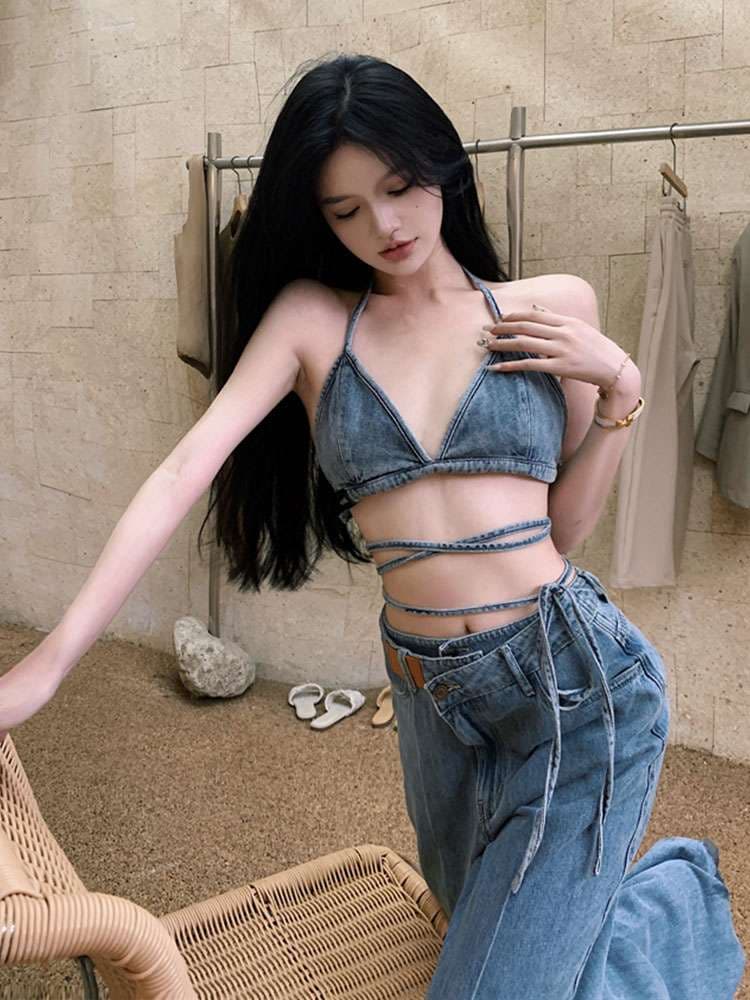 セットアップ トレンディなデニムビキニ&ワイドパンツセット